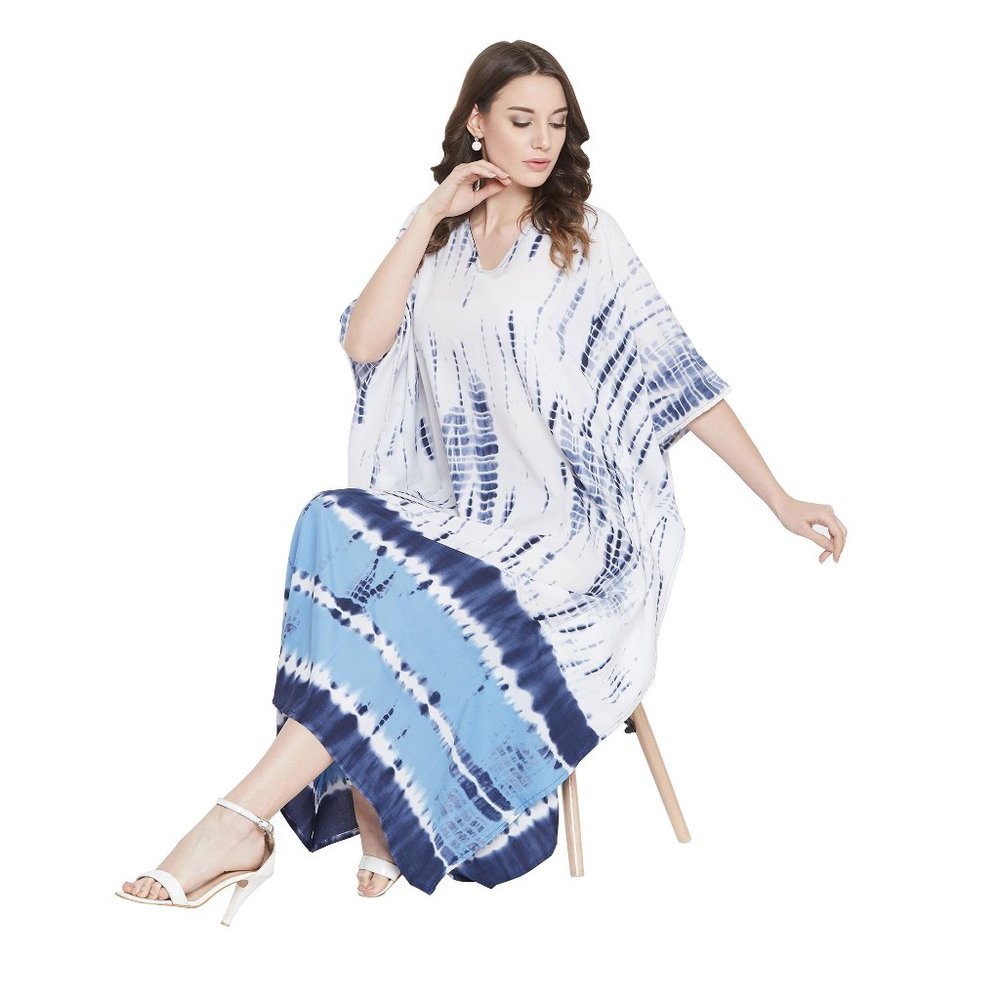 Women White & Blue Polyester Caftan Maxi Dress Stylish Mumu Cover Up Dresses - Picture 7 of 10